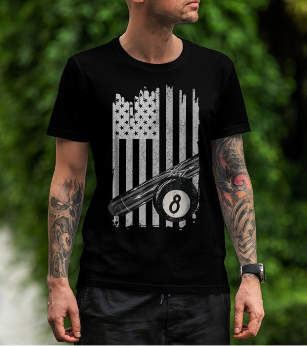 American Flag Billiard Cue And 8 Ball Pool Table T-Shirt