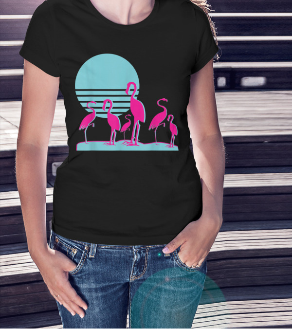 Flamingos Aesthetic Vaporwave 1980s Sunset Sundown Retro Synthwave T-Shirt