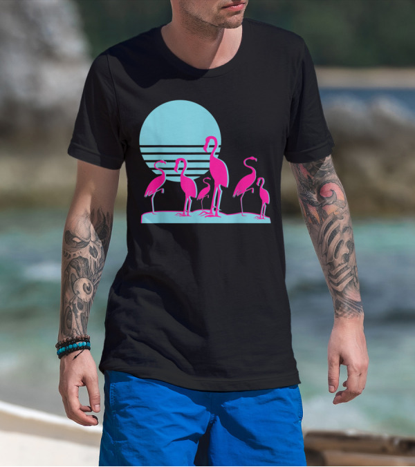 Flamingos Aesthetic Vaporwave 1980s Sunset Sundown Retro Synthwave T-Shirt