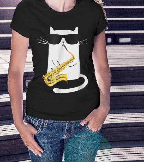 Funny Cat Playing Saxophone With Sunglasses T-Shirt