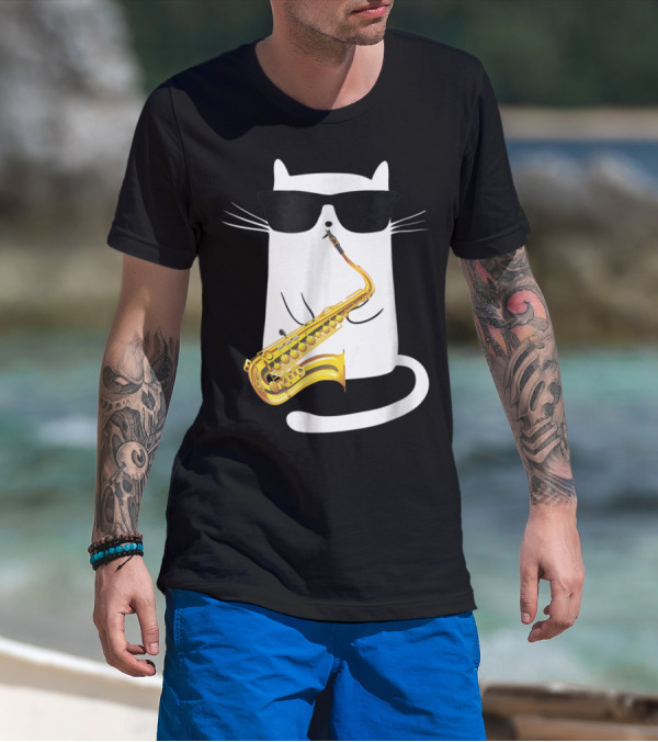 Funny Cat Playing Saxophone With Sunglasses T-Shirt