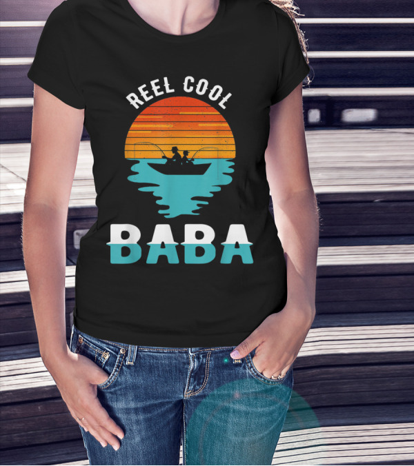 Reel Cool Baba Father's Day Fishing Silhouette Sunset T-Shirt