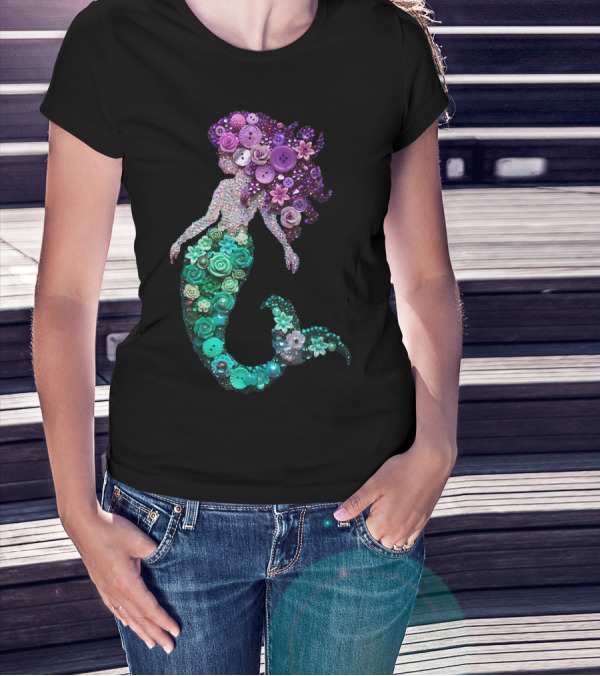 Flower Mermaid Purple Green Buttons T-Shirt