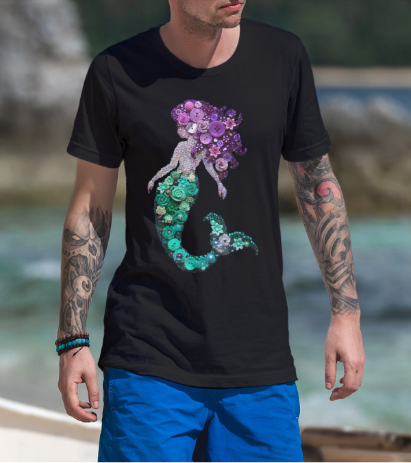 Flower Mermaid Purple Green Buttons T-Shirt