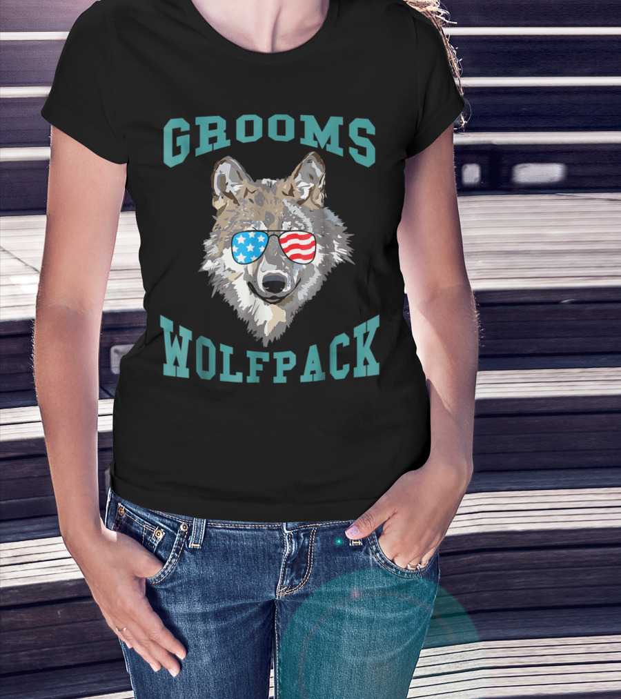 Grooms Wolfpack Bachelor Party American Flag Sunglasses T-Shirt
