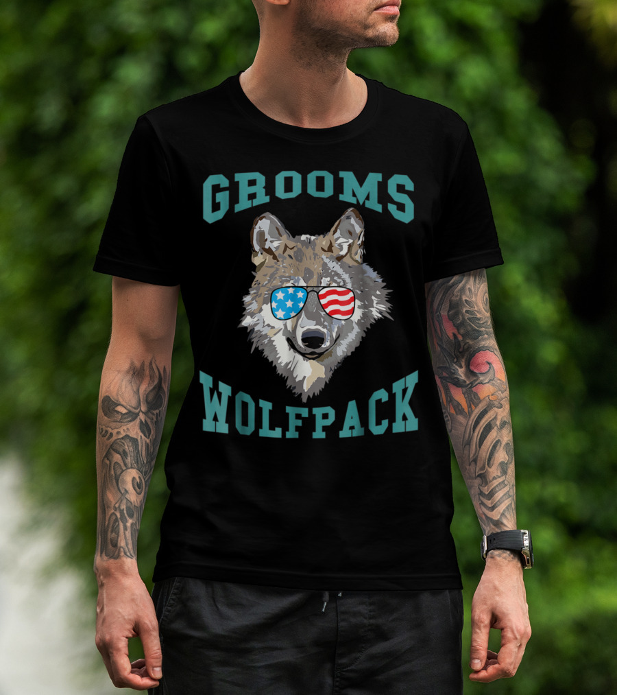 Grooms Wolfpack Bachelor Party American Flag Sunglasses T-Shirt