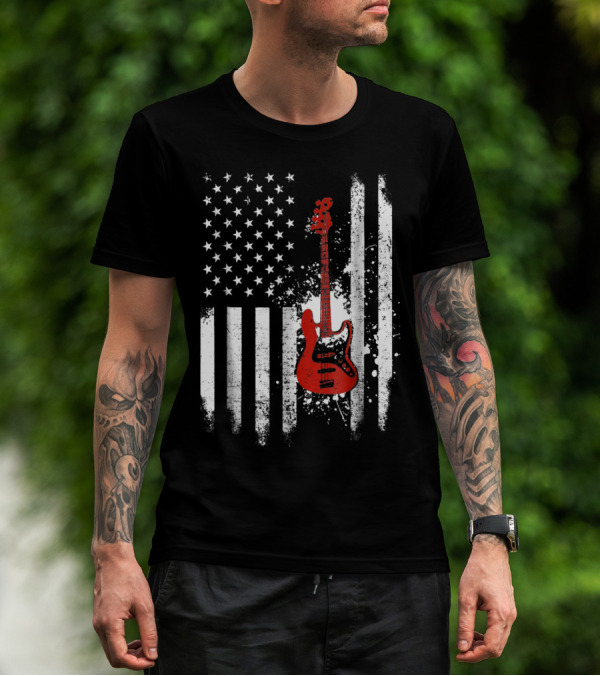 Bass Guitar Red White Stars Stripes American Flag T-Shirt