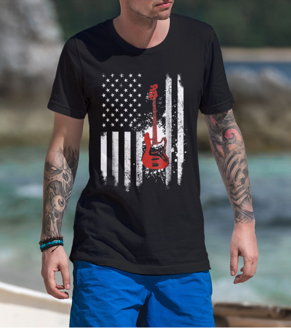 Bass Guitar Red White Stars Stripes American Flag T-Shirt