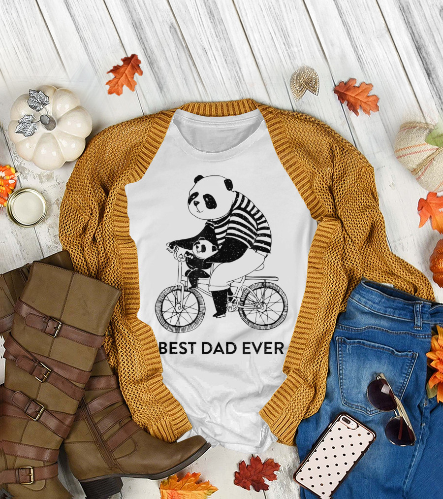 Best Dad Ever Panda Dad and Kid on Bicycle T-Shirt