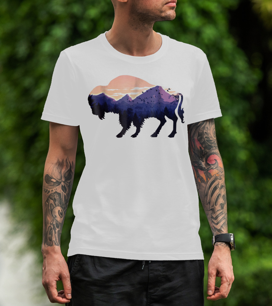 Bison Silhouette With Mountain And Forest Scene T-Shirt