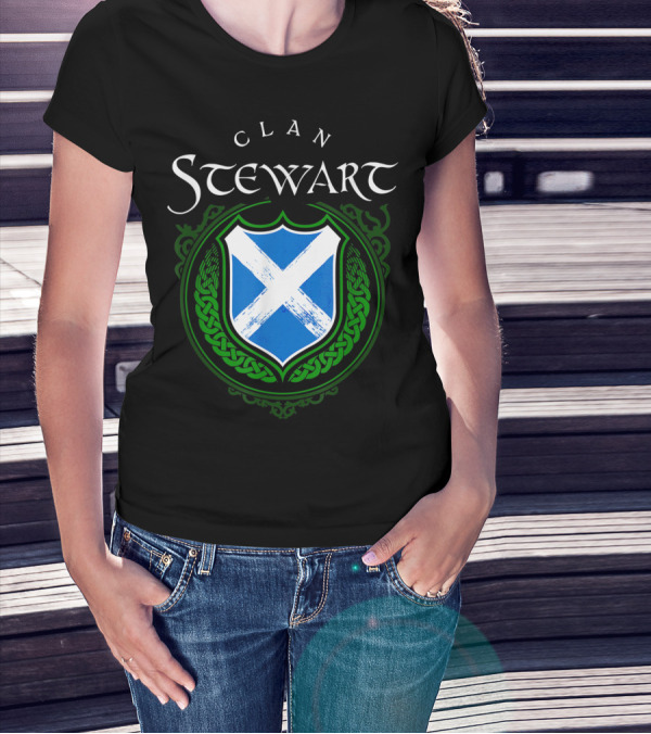 Clan Stewart Scottish Shield Scotland Flag And Green Celtic Knotwork T-Shirt