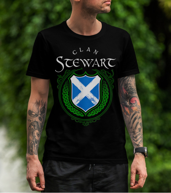 Clan Stewart Scottish Shield Scotland Flag And Green Celtic Knotwork T-Shirt
