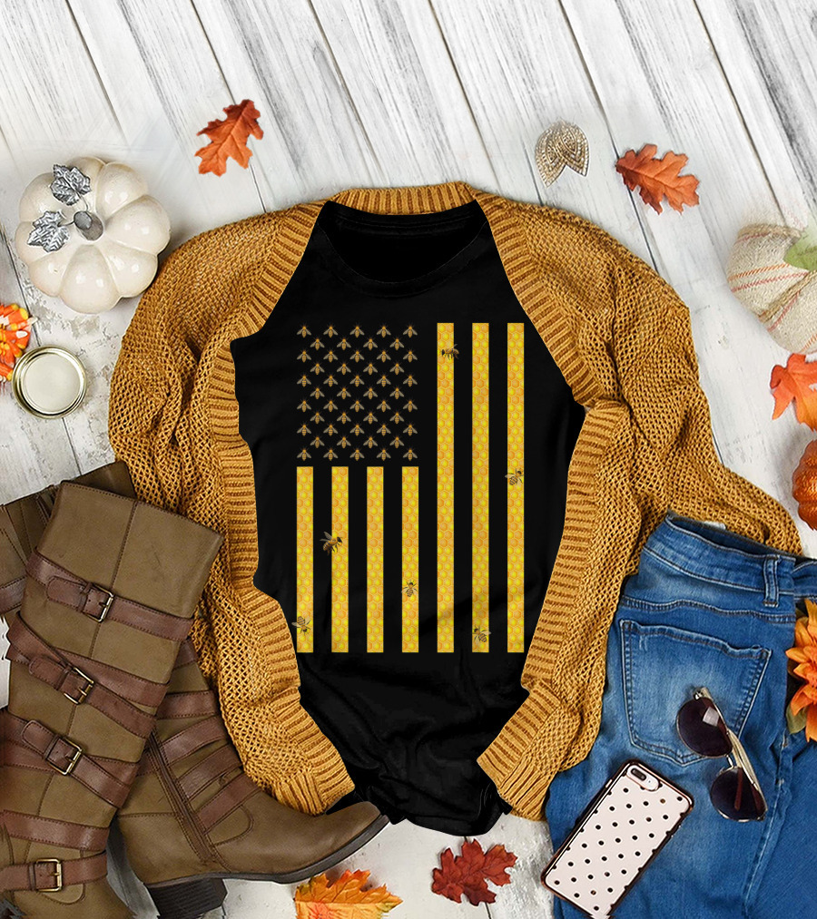 American Flag Honeycomb Honey Bee Beekeeping Beekeeper USA Patriotic T-Shirt