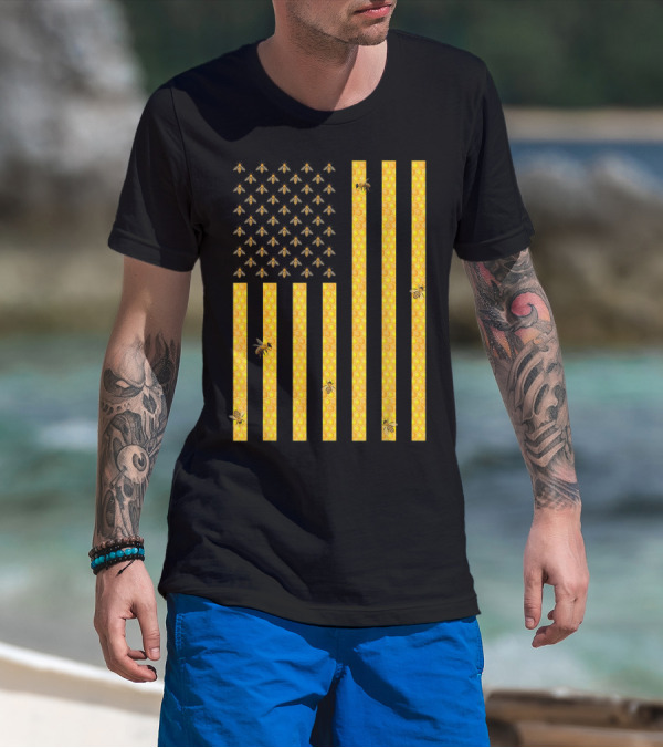 American Flag Honeycomb Honey Bee Beekeeping Beekeeper USA Patriotic T-Shirt
