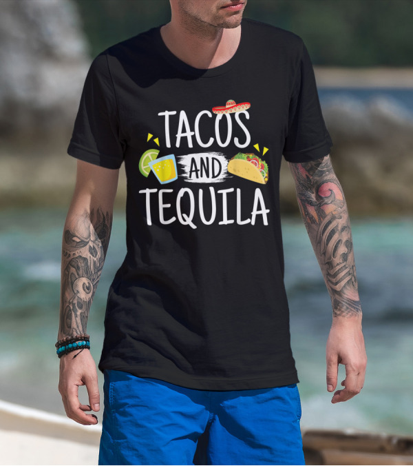 Tacos And Tequila Mexican Sombrero With Lime Slice And Taco Icons T-Shirt