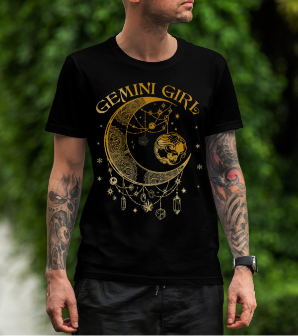 Gemini Girl Zodiac Henna Moon With Crystals And Stars T-Shirt