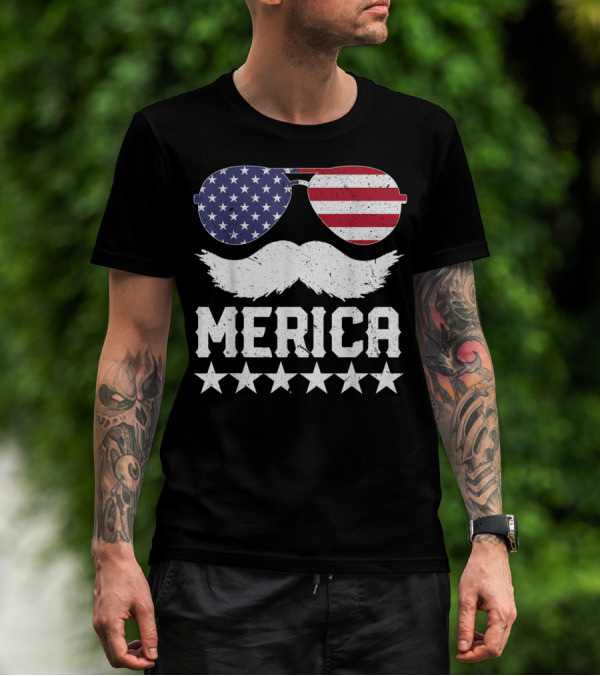 MERICA USA Flag Mustache Sunglasses Stars Independence Day T-Shirt