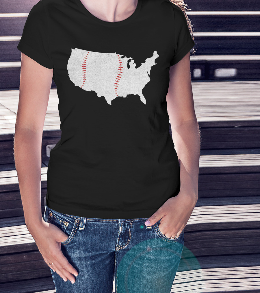 Baseball Is America's Pastime USA Map Stitch T-Shirt
