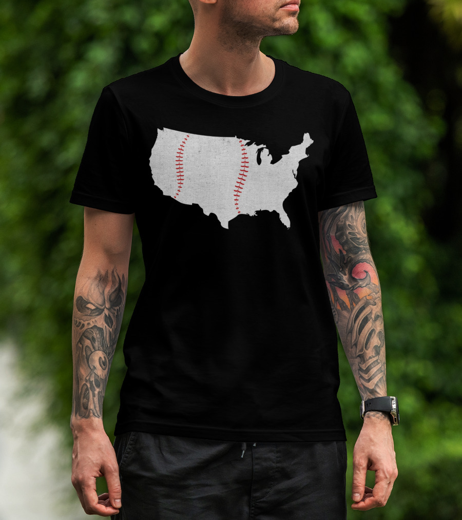 Baseball Is America's Pastime USA Map Stitch T-Shirt