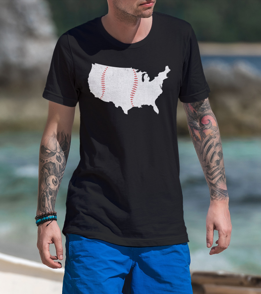 Baseball Is America's Pastime USA Map Stitch T-Shirt