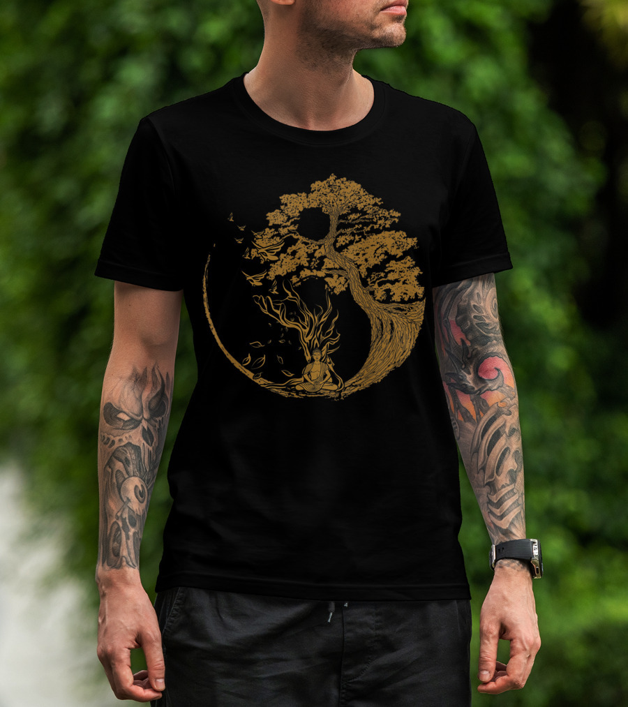 Bonsai Tree And Meditative Buddha Enclosed In Circular T-Shirt