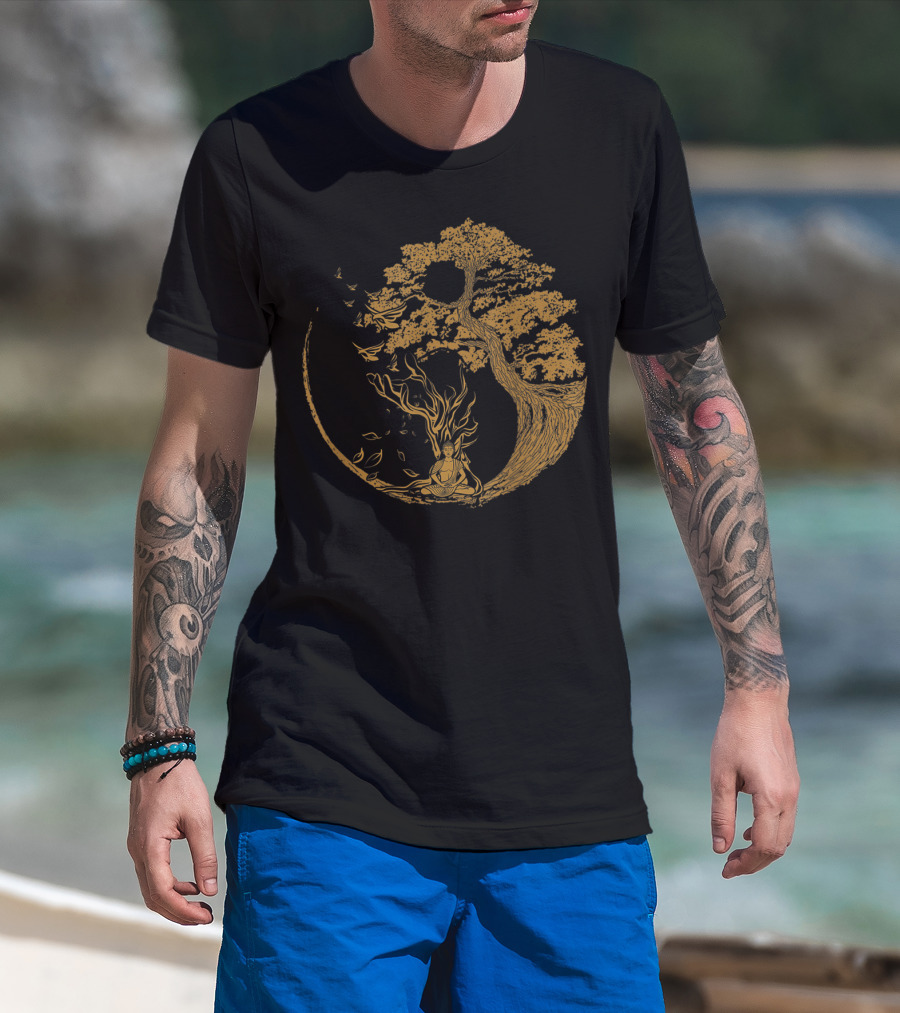 Bonsai Tree And Meditative Buddha Enclosed In Circular T-Shirt