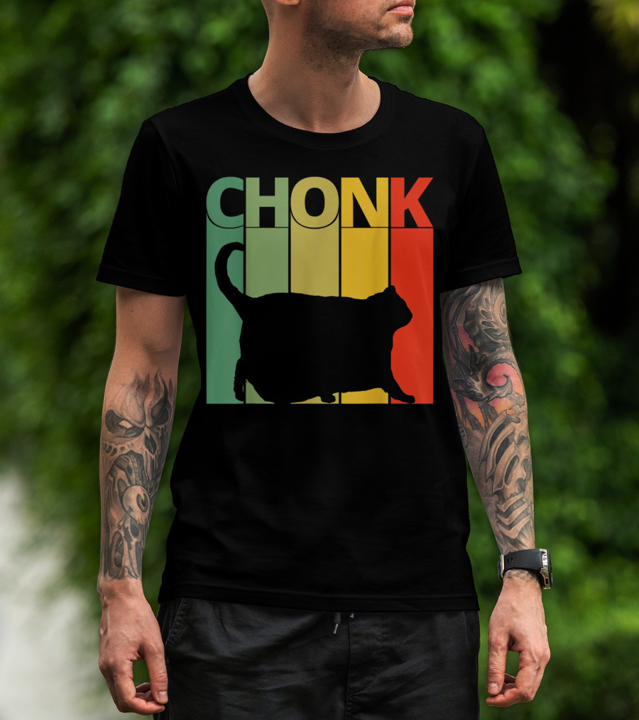 Chonk Cat Meme Funny Big Chungus Retro Stripes T-Shirt