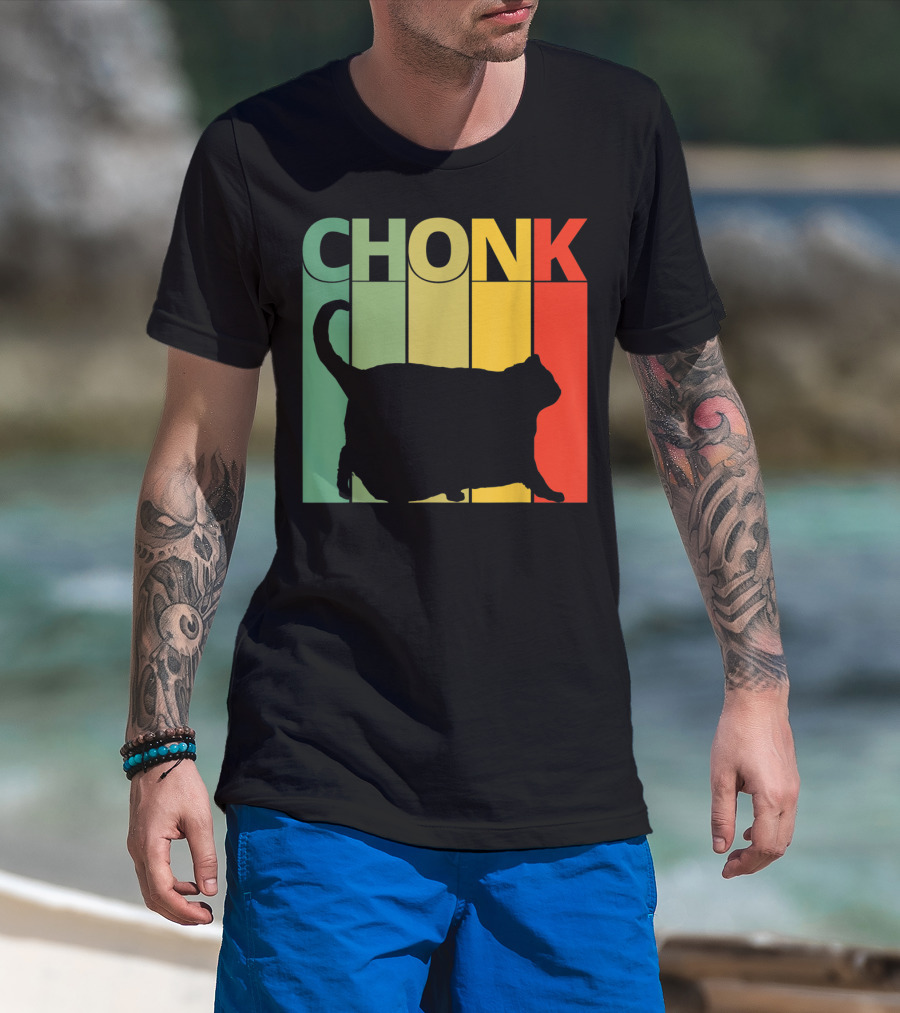 Chonk Cat Meme Funny Big Chungus Retro Stripes T-Shirt