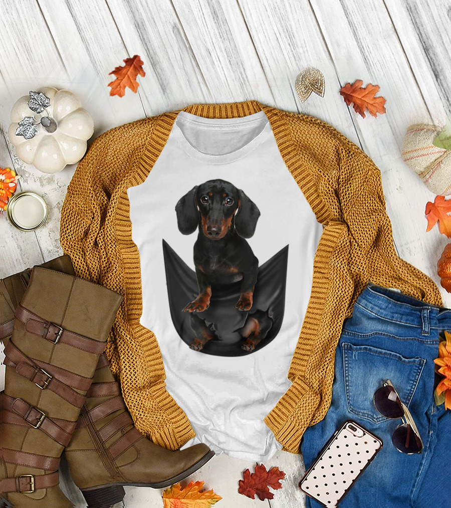 Dachshund Peeking from Pocket Fabric T-Shirt