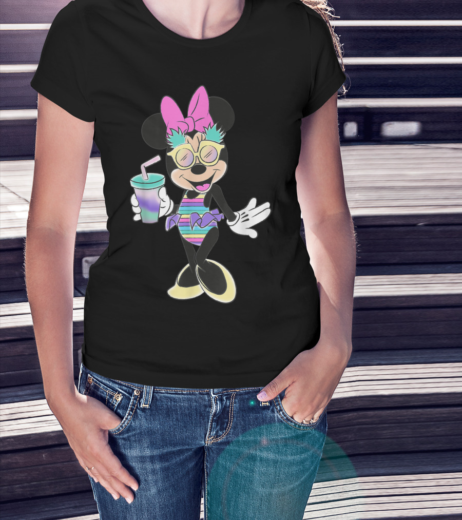 Disney Minnie Mouse Striped Swimsuit With Unicorn Colors And Pineapple Sunglasses T-Shirt