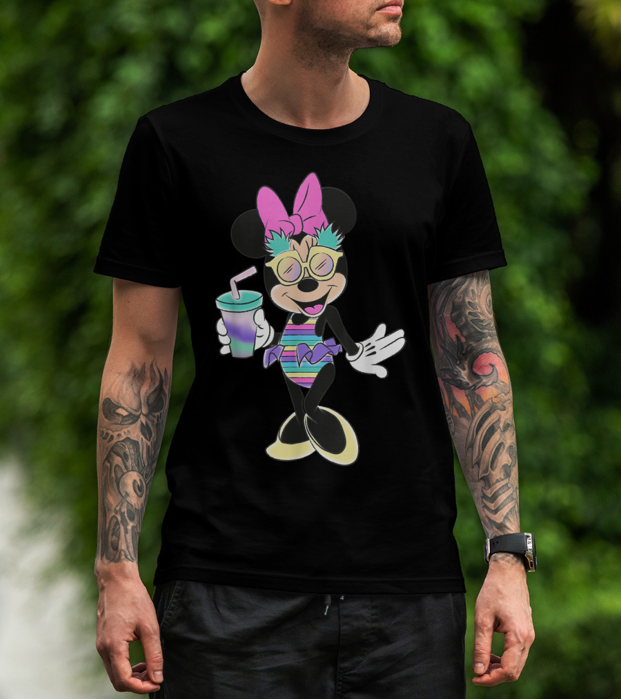 Disney Minnie Mouse Striped Swimsuit With Unicorn Colors And Pineapple Sunglasses T-Shirt