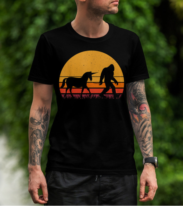 Bigfoot Sasquatch Walking A Unicorn Retro Sunset T-Shirt