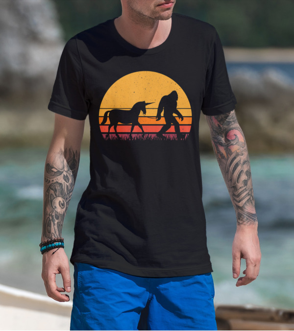 Bigfoot Sasquatch Walking A Unicorn Retro Sunset T-Shirt
