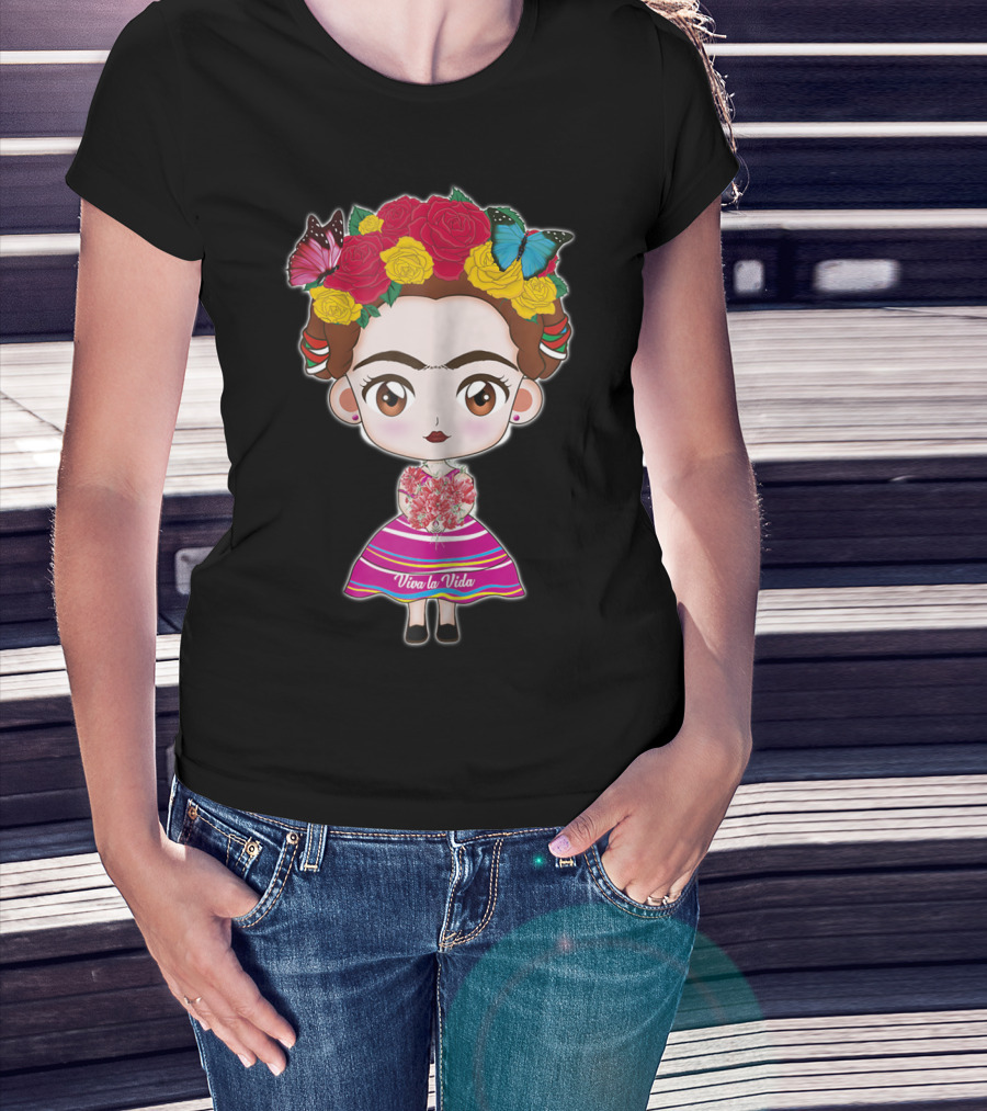 Viva Mexico Viva La Vida Mexican Frida With Flower Crown And Butterflies T-Shirt