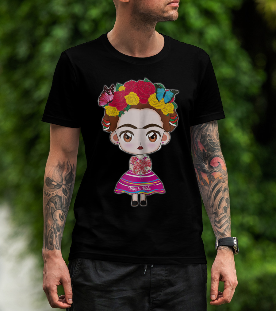 Viva Mexico Viva La Vida Mexican Frida With Flower Crown And Butterflies T-Shirt