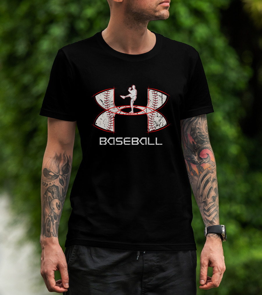 Bb161103 Baseball Pitcher Silhouette Inside Baseball Stitching T-Shirt