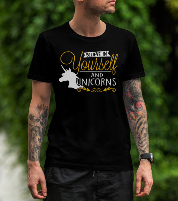 Believe In Yourself And Unicorns Head Graphic Whimsical Font T-Shirt