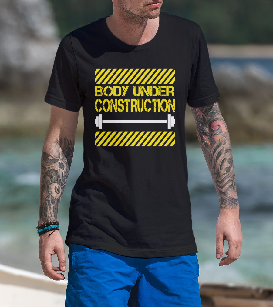 Body Under Construction Yellow Stripes Weightlifting Barbell T-Shirt