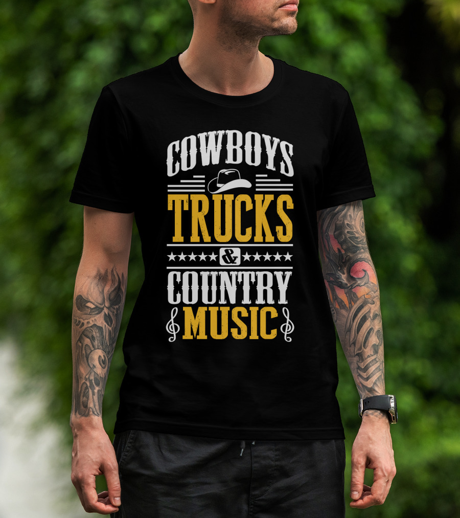 Cowboys Trucks And Country Music With Stars And Musical Notes T-Shirt