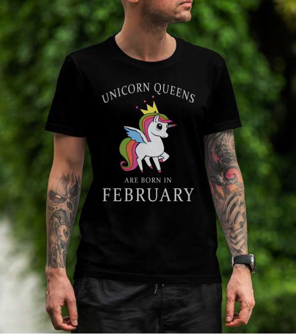 Unicorn Queens With Crown And Rainbow Born In February T-Shirt