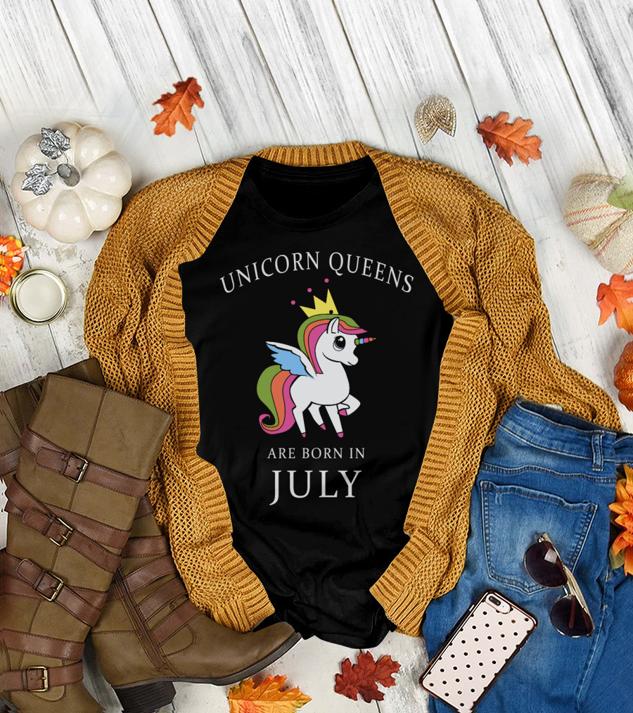 Unicorn Queens with Rainbow Wings and Crown Born in July T-Shirt