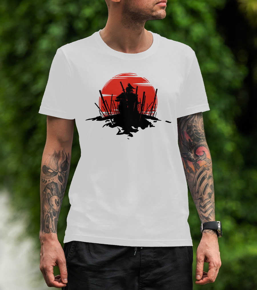 The End Of The Battle Samurai Silhouette Against Red Sun Rising T-Shirt