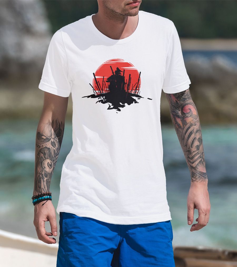 The End Of The Battle Samurai Silhouette Against Red Sun Rising T-Shirt