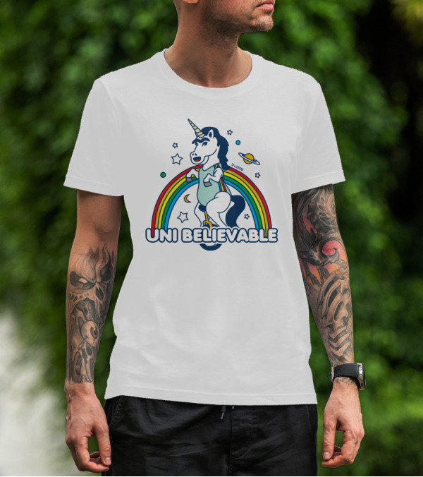 UNI BELIEVABLE Rainbow Unicorn Unicycle Planet Stars U+2605 T-Shirt