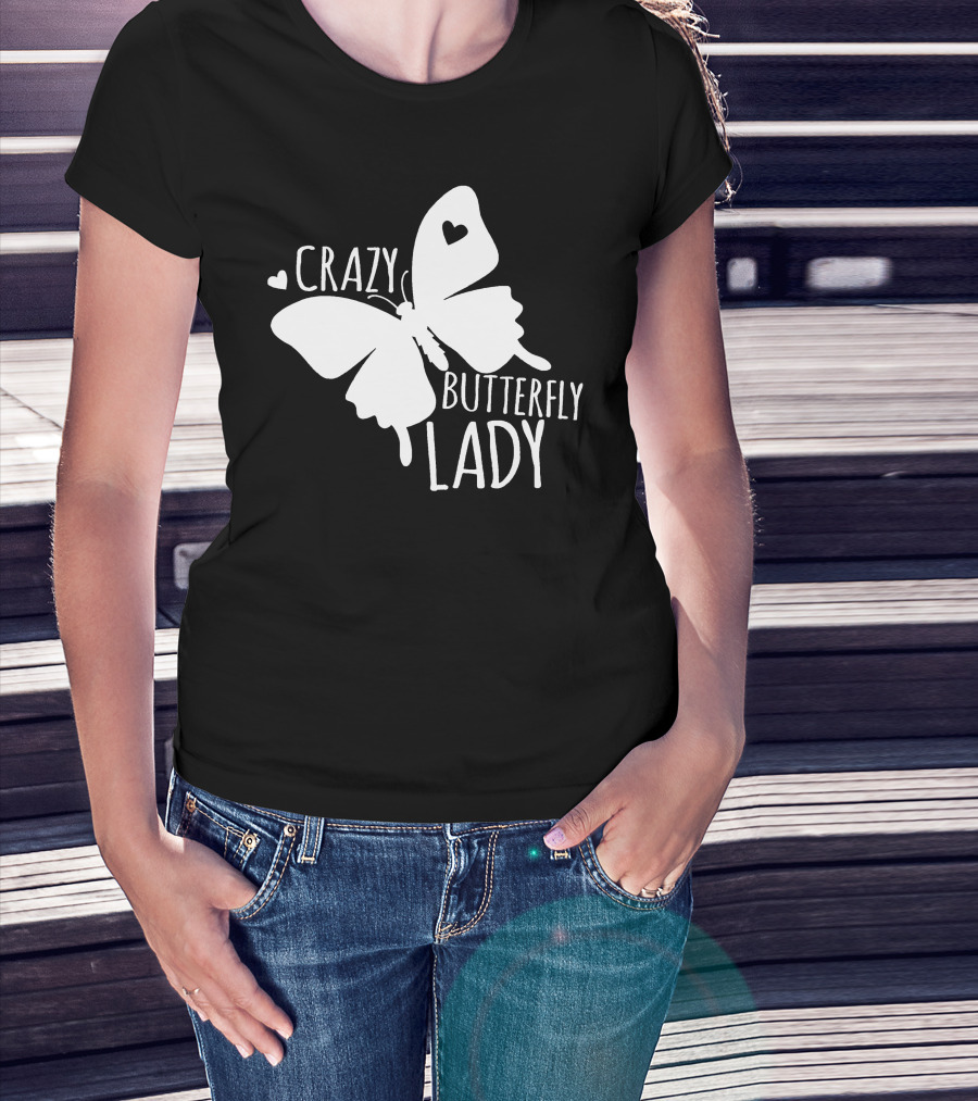 CRAZY BUTTERFLY LADY Heart Motif T-Shirt