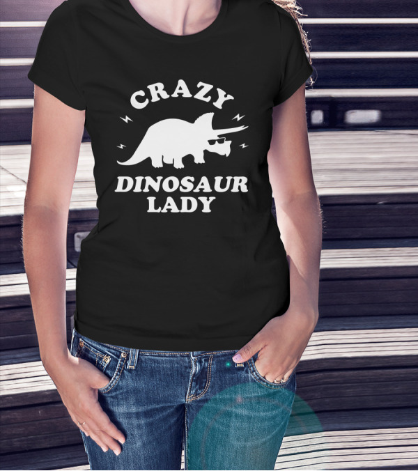 CRAZY DINOSAUR LADY Triceratops With Sunglasses And Lightning Bolts T-Shirt