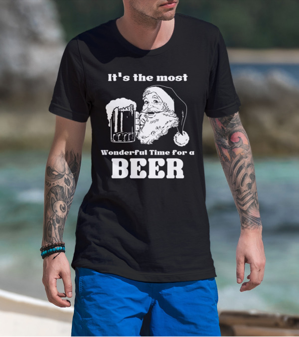 Christmas Santa It's The Most Wonderful Time For A Beer With Santa Hat And Mug Of Beer T-Shirt