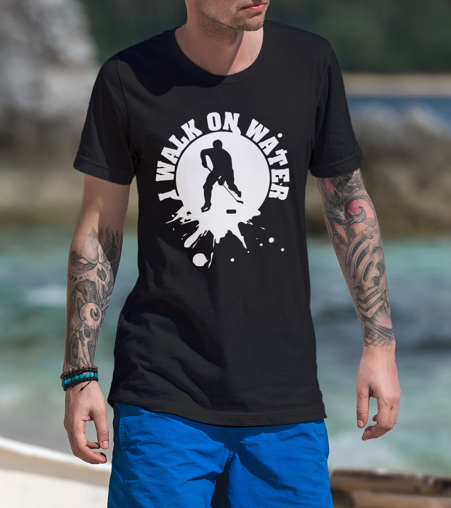 I Walk On Water Hockey Player Silhouette Splash T-Shirt