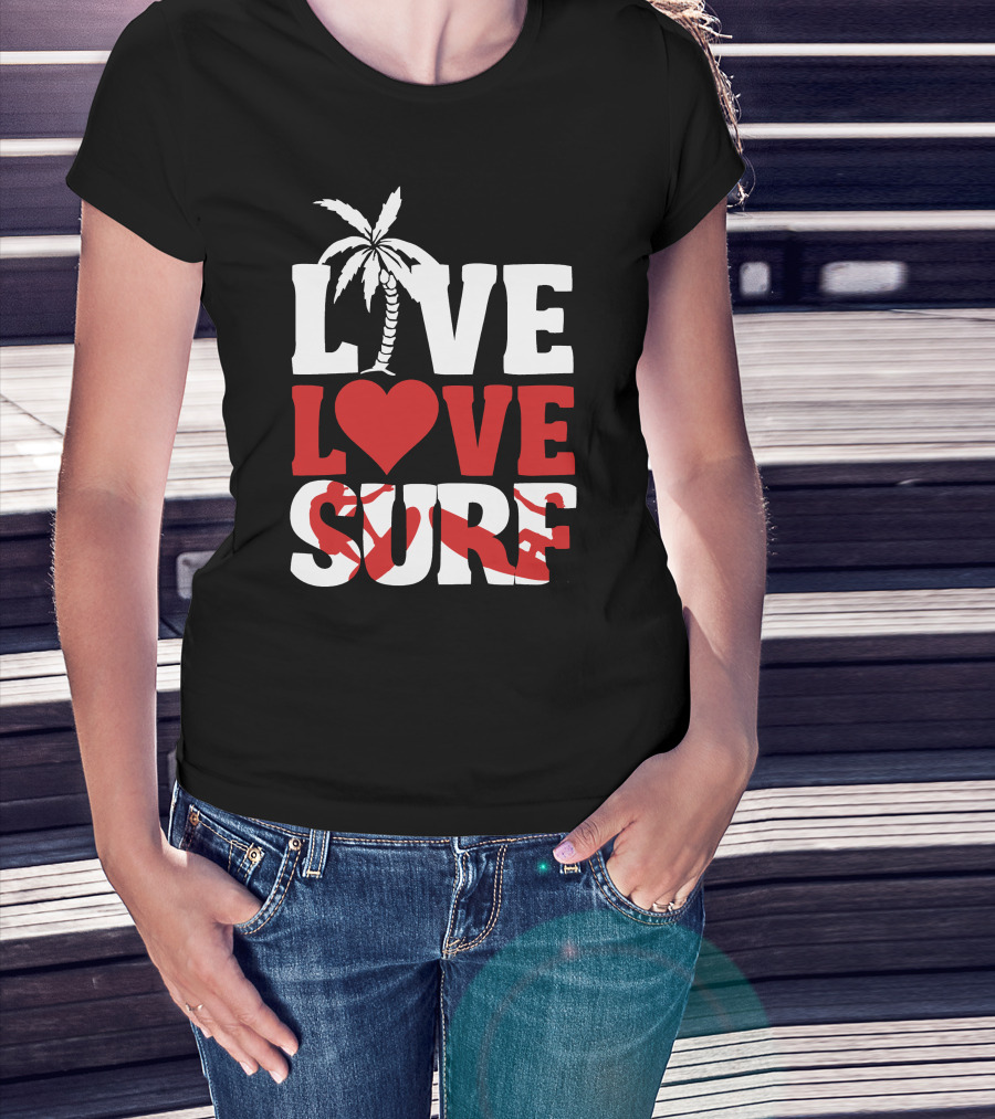Live Love Surf Palm Tree Heart Ocean Waves T-Shirt