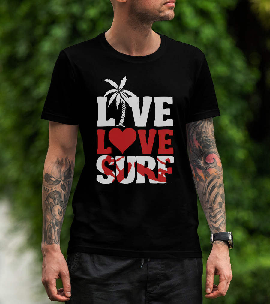 Live Love Surf Palm Tree Heart Ocean Waves T-Shirt